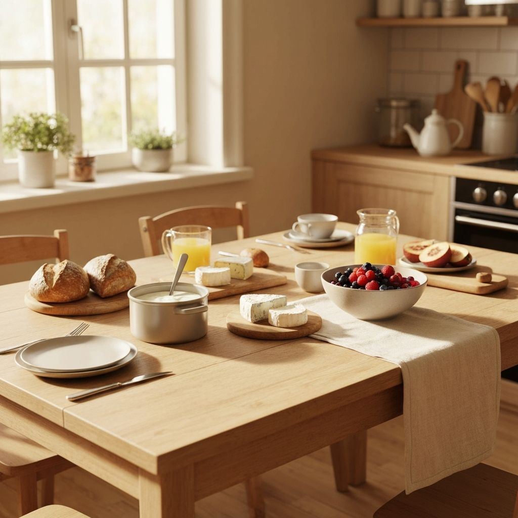 Egyszerű reggelis összeállítás: kenyér, tejtermélek, gyümölcs